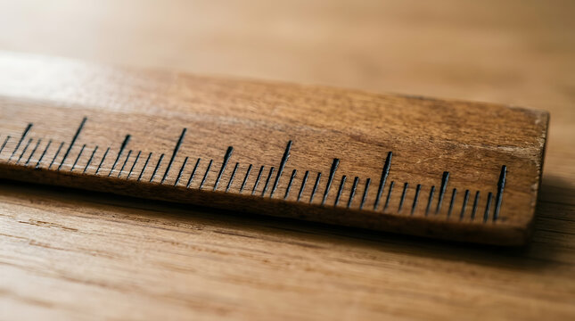 Wooden ruler with engraved measurement markings on wood surface