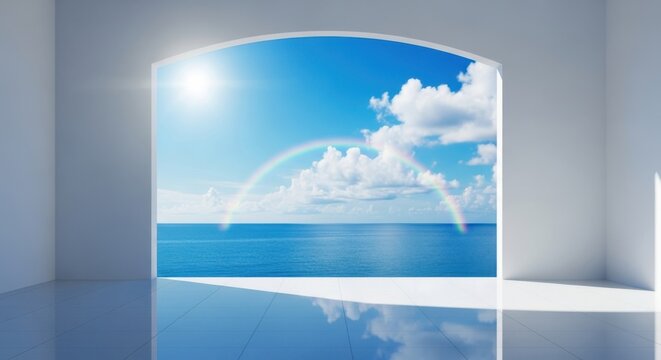 Stunning view of a rainbow over the blue ocean seen through a large arched window in a modern room