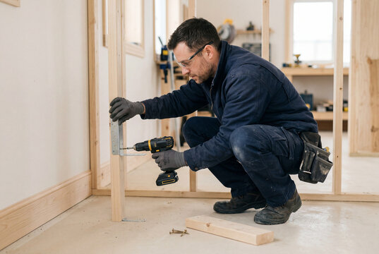 Focused carpenter fastening a metal bracket to a wooden wall stud