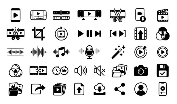 Video editing and multimedia production solid icon set for movie processing audio mixing crop adjustment and social sharing