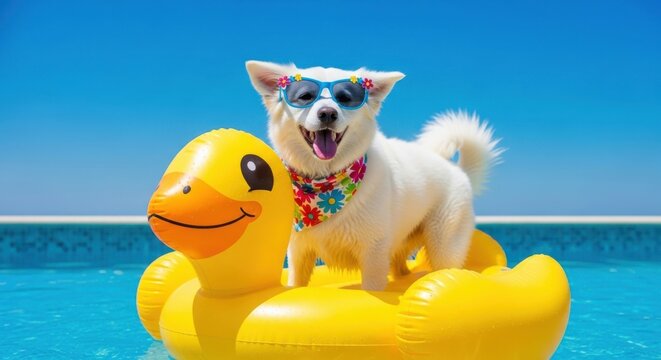 Cute white dog wearing sunglasses and a floral bandana on a yellow duck pool float