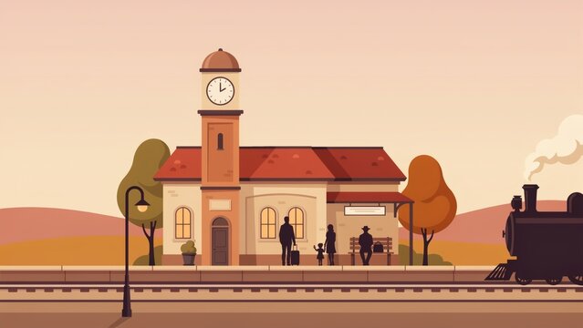 Vintage train station scene with passengers waiting on platform at sunset with vector illustration historic