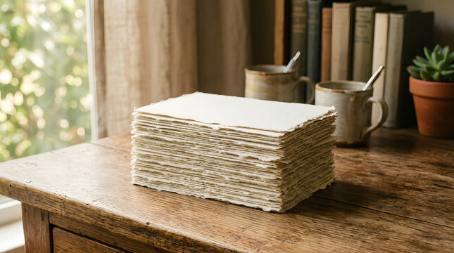 Stack of handmade deckle edge paper on rustic wooden desk