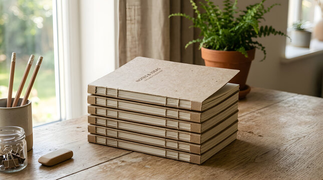 Stack of eco-friendly recycled paper notebooks on wooden desk