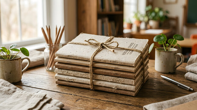 Stack of recycled paper notebooks tied with twine on wooden desk