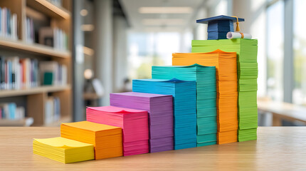Obraz premium Colorful paper stacks forming steps with graduation cap on top