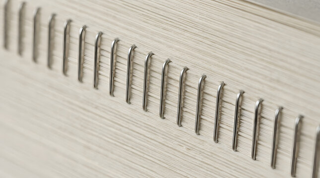 Close-up of metal staples binding pages in a stack of paper