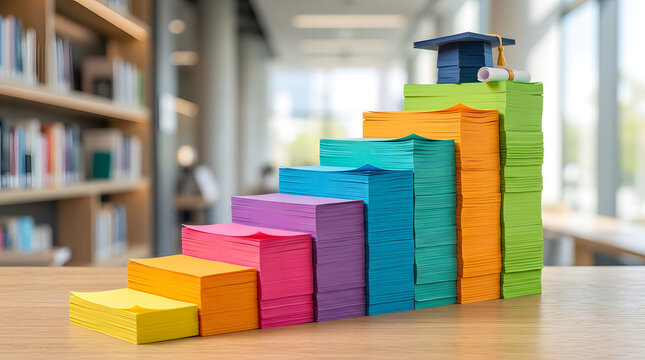 Colorful paper stacks forming steps with graduation cap on top