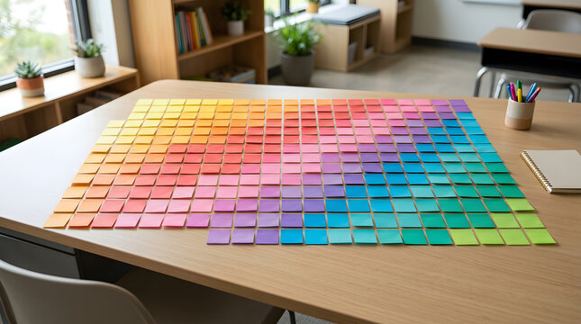 Colorful gradient sticky notes arranged in grid on desk