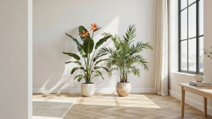 Fototapeta premium Minimalist interior design featuring two large potted tropical plants standing in a bright sunlit room with windows