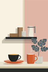 Fototapeta premium Minimalist Flat Vector of Coffee Mugs and Plant on a Counter