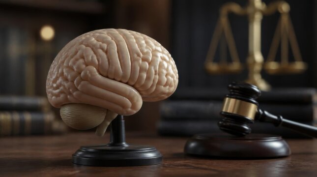 Brain Model on Courtroom Desk with Gavel and Scales in Background