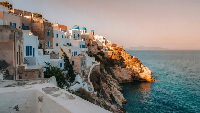 Coastal village architecture overlooking turquoise sea waters during golden hour sunset light with displays picturesque coastal