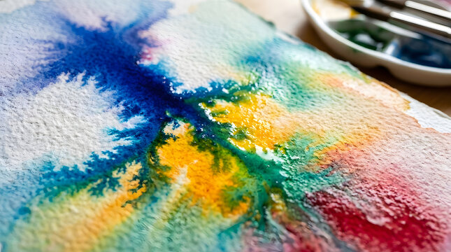 Abstract watercolor painting with vibrant blue yellow and red hues