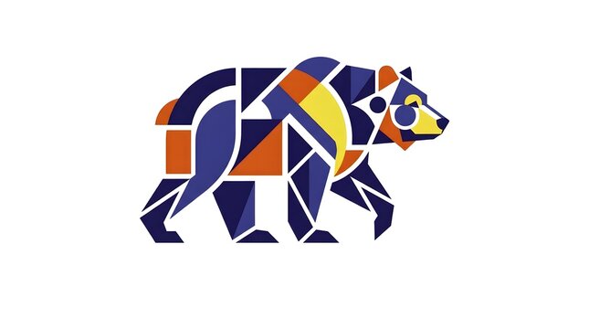 Abstract geometric bear logo design in vibrant blue, orange, and yellow flat style