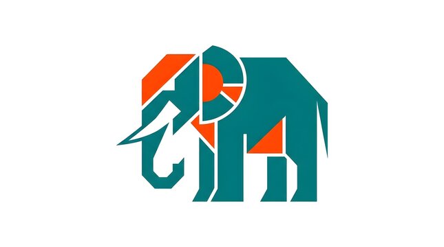 Minimalist geometric logo design of an elephant in teal and orange isolated on a white background