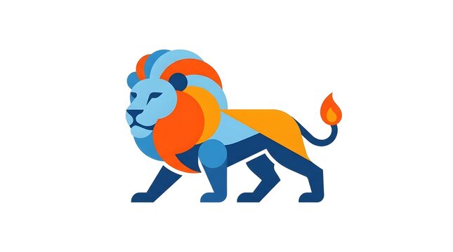 Modern minimalist lion logo design with abstract geometric shapes in vibrant blue and orange colors