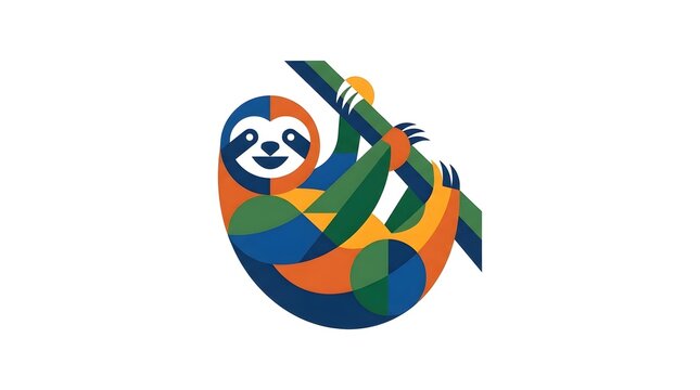 Modern geometric sloth hanging on a branch logo design