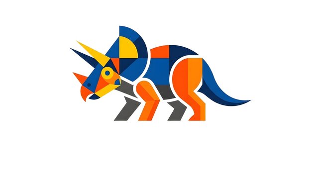 Abstract geometric triceratops dinosaur illustration in vibrant flat colors on white background