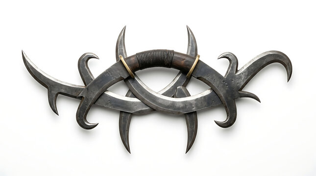 Intricate decorative double bladed fantasy steel dagger isolated on a white background