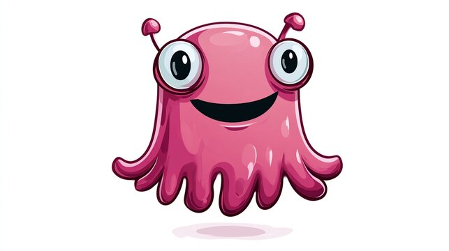 Cute Pink Alien Character with Big Eyes and Tentacles Cartoon Style