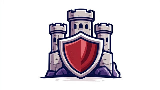 Medieval Castle Fortress with Red Shield Emblem
