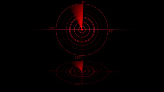 Red digital radar screen interface with scanning motion and reflection effect sonar