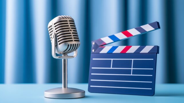 Vintage silver microphone with open film clapperboard on blue surface