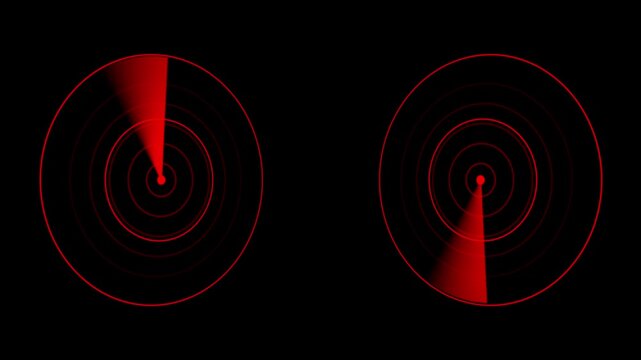 Dual red radar screen interface scanning animation on black background, sonar scanner