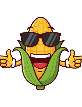 A happy cartoon corn cob character wearing sunglasses and pointing both ways