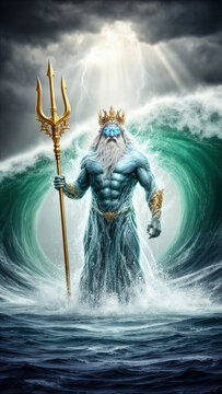 Poseid&oacute;n, dios del mar, dios griego, mitolog&iacute;a griega, deidad marina, dios del oc&eacute;ano, tridente dorado, tridente de Poseid&oacute;n, dios mitol&oacute;gico, hombre musculoso, barba blanca, cabello largo blanco, fig
