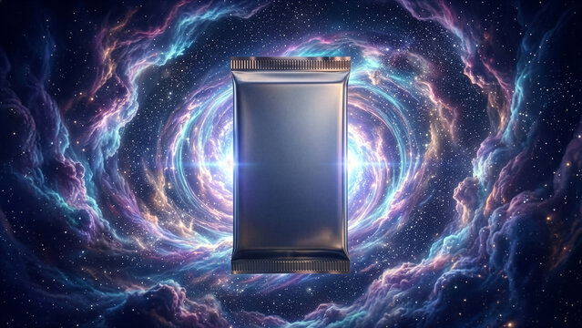 Blank metallic booster pack in cosmic galaxy nebula