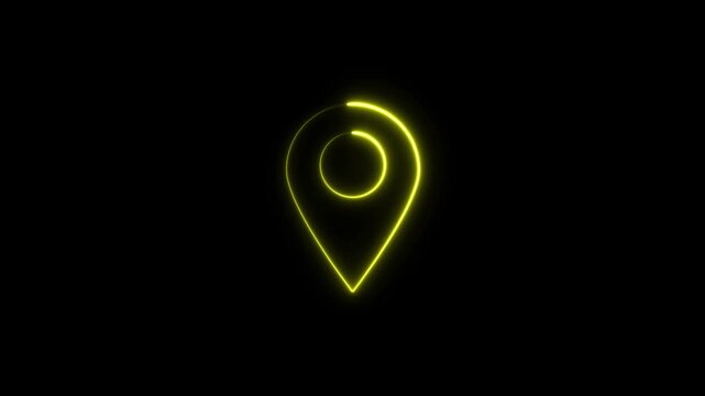 Glowing yellow neon map pin animation on black background, for navigation and, location services location marker