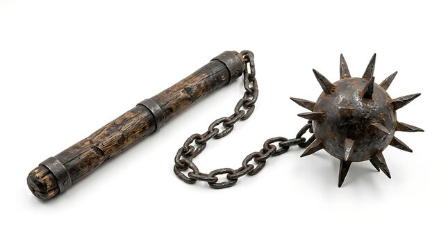 A Medieval Spiked Flail Weapon Featuring A Rusty Iron Ball And Wooden Handle Isolated