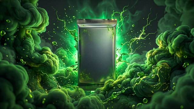 Blank metallic booster pack mockup in toxic green vapor