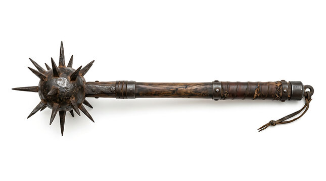 Ancient Medieval Spiked Morning Star Mace Weapon with Wooden Handle Isolated on White