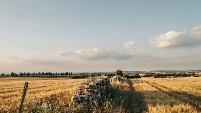 Golden wheat field in tuscany with a rustic stone wall under a soft blue sky at sunset, featuring rolling hills and distant cypress trees