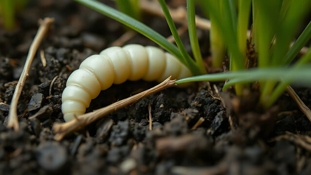 White grub in soil among grass roots, insect larva in earth, nature macro
