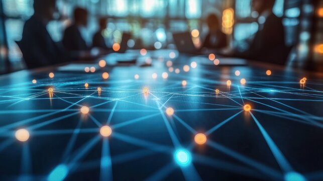 Focused team around conference table with glowing digital network overlay and interconnected nodes, creating a collaborative futuristic atmosphere