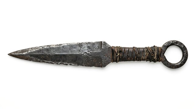 A weathered antique kunai throwing knife with a leather wrapped handle on white background