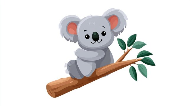 Cute Cartoon Koala Hugging Eucalyptus Tree Branch Vector Illustration