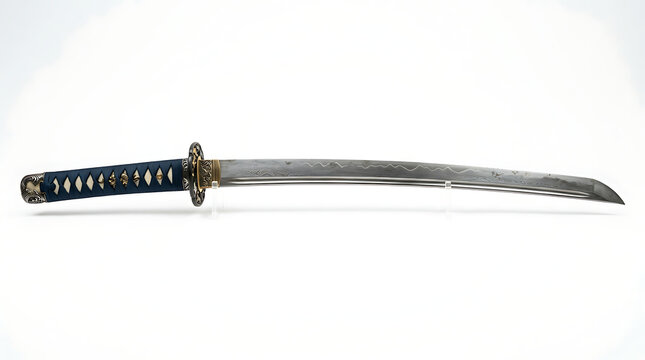 A traditional Japanese Katana sword with blue wrapped handle isolated on white background