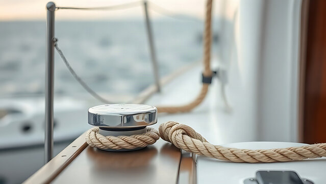 Yacht deck cleat with coiled rope, boating and maritime preparation concept