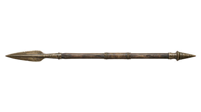 Ancient tribal spear with a weathered wooden handle and a sharp metal pointed head