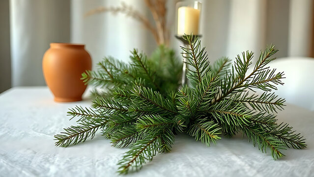 Longleaf pine branches with terracotta urn on linen cloth, natural decor concept