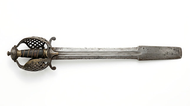 Antique basket hilt sword with ornate metal guard isolated on a clean white background
