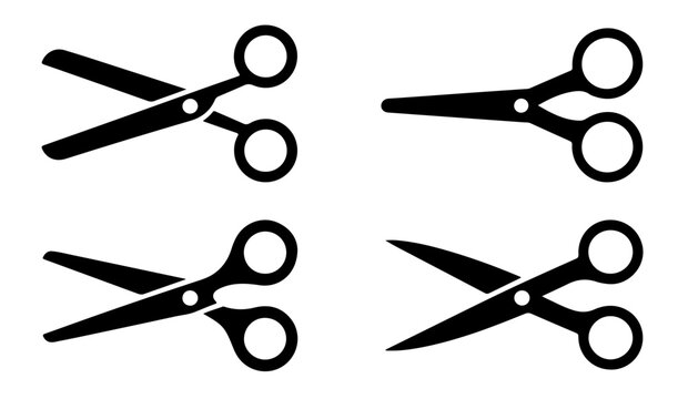 Set of black scissors silhouette icons with various open and closed blade positions for cutting design projects.