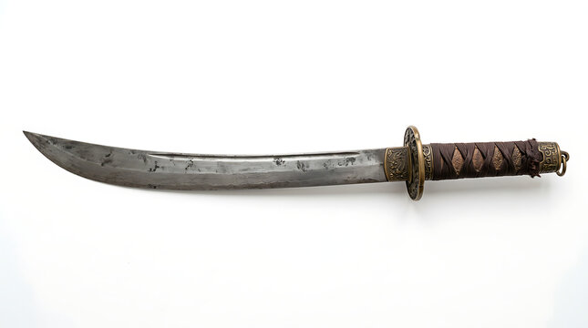 A traditional Japanese katana sword with a rustic metal blade and brown wrapped handle