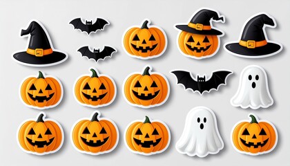 Fototapeta premium Halloween sticker set with pumpkins bats ghosts and witch hats.