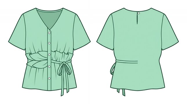 Women's Mint Green V-Neck Short Sleeve Blouse with Waist Tie and Ruffle Detail Technical Flat Fashion Sketch Template Set